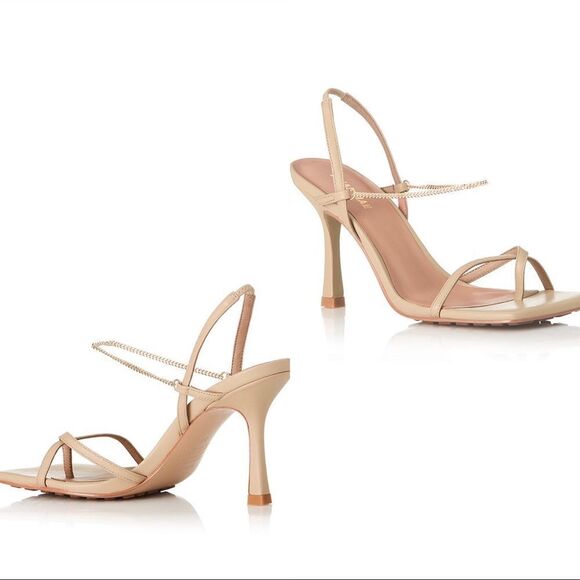 Revolve Alias Mae Leather Strappy Chain Levi Sandal Heels Beige Size 38 US8 - Picture 3 of 12